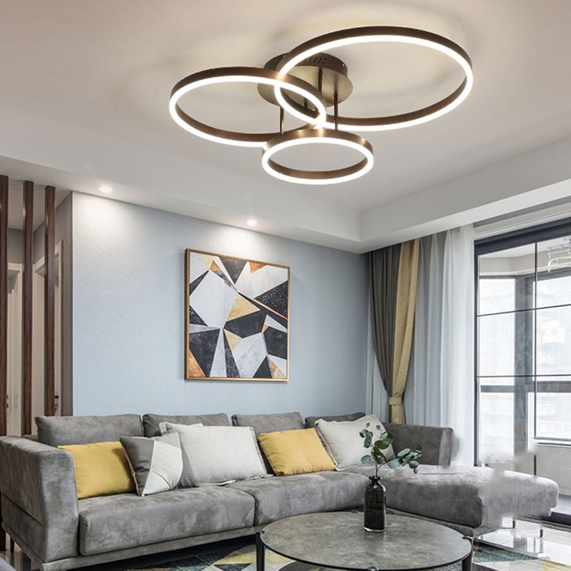Metal Circular Semi Flush Light Simple Semi Flush Chandelier Lighting in Brown