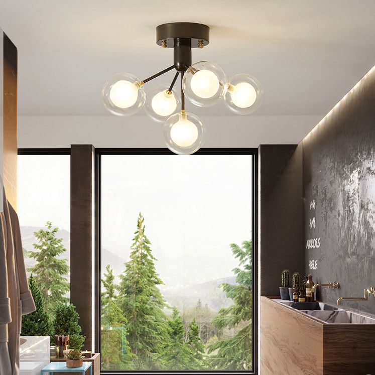 Ball Semi Flush Mount Chandelier Modern Clear and Frosted Glass 5-Light Corridor Ceiling Light
