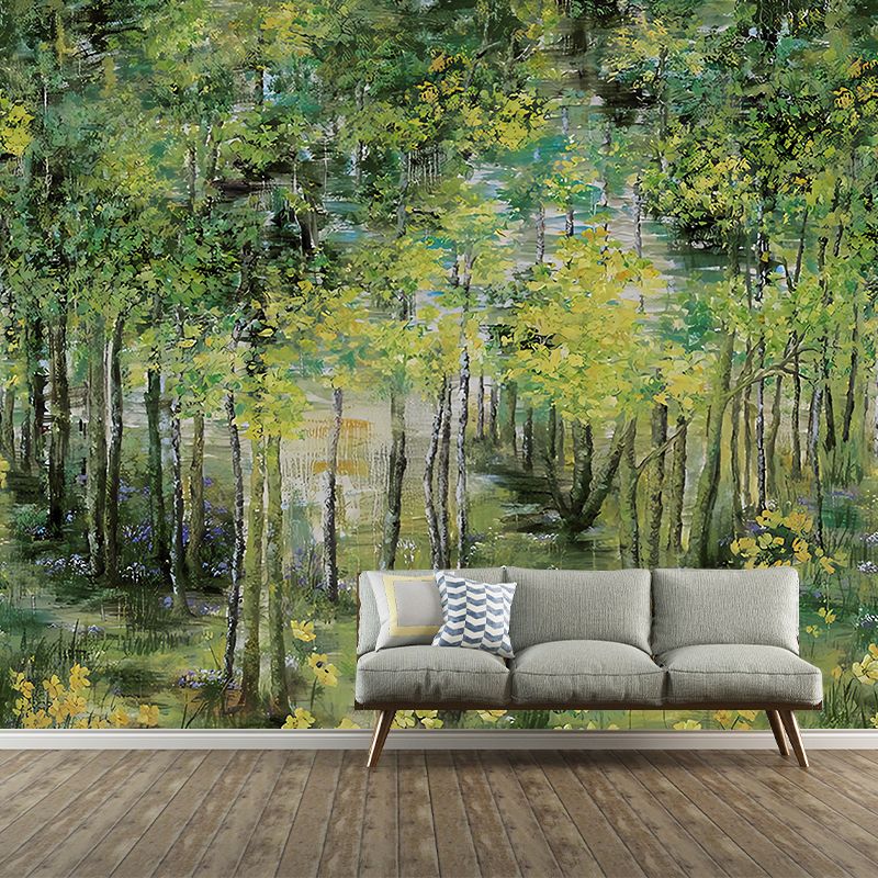 Large Illustration Deep Forest Mural for Guest Room Decor with Deep Forest Design in Dark Green