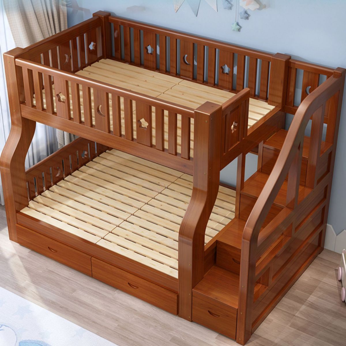 Traditional Standard Bunk Bed Twin & Single Kid's Bed with Book Shelf