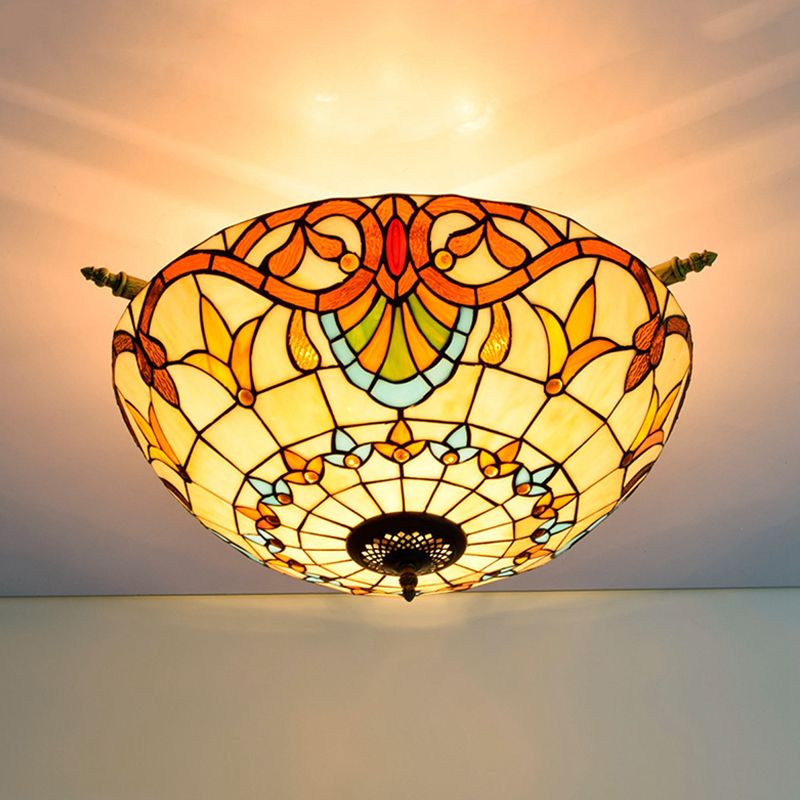 Baroque Dome Semi Flush Mount Lighting 5 Bulbs Handcrafted Stained Glass Close to Ceiling Lamp in White/Blue, 21.5"/25.5" W