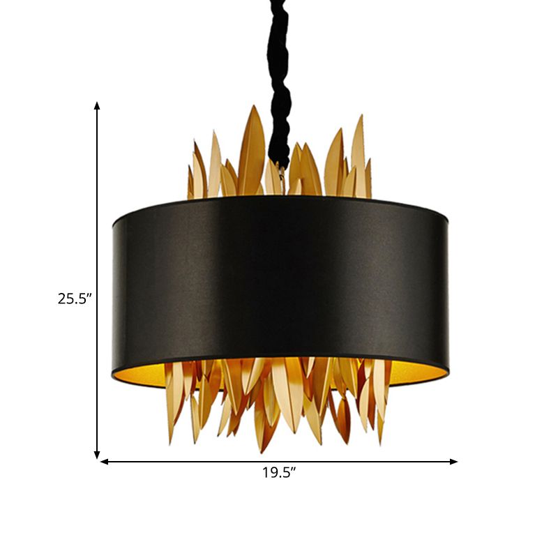 4 Lights Fabric Chandelier Lamp Country Black Round Dining Room Hanging Ceiling Light with Metal Leaves
