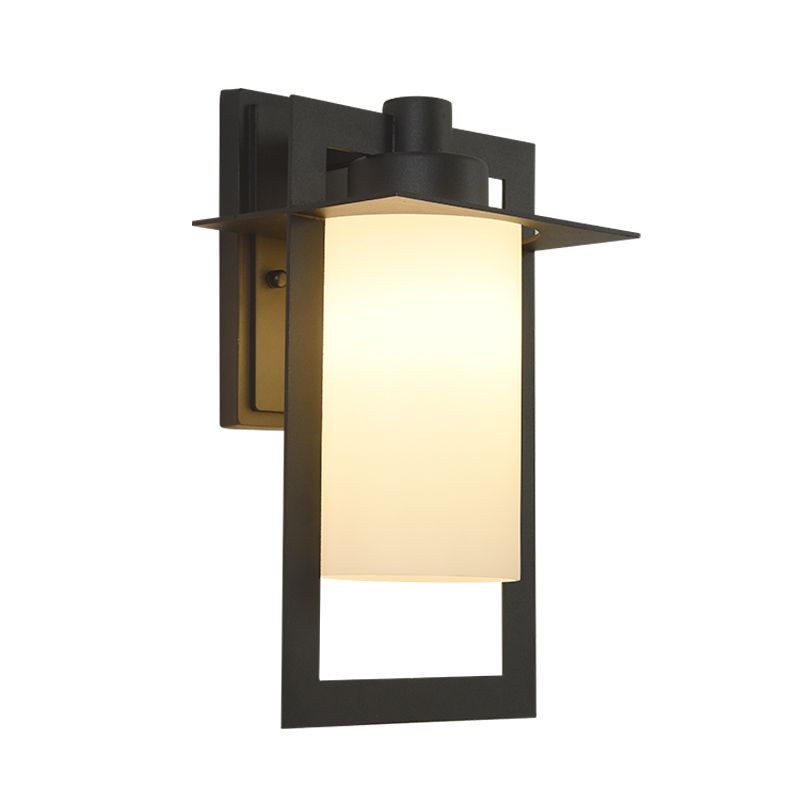 Countryside Cylinder Wall Light Single Bulb White Glass Wall Sconce in Black with Rectangle Frame