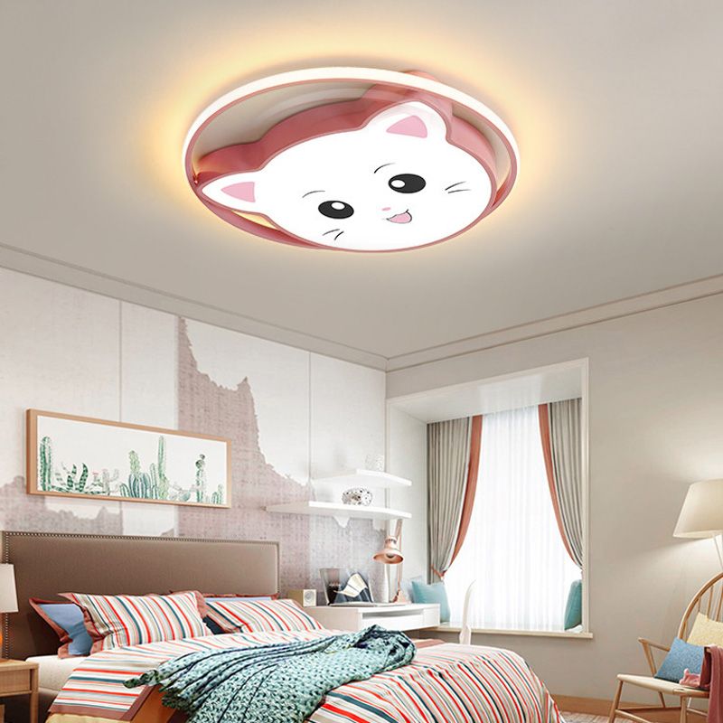 Cartoon Style Cat/Rabbit Flush Mount Lighting Metal LED Bedroom Flush Pendant Light with Acrylic Shade in Pink
