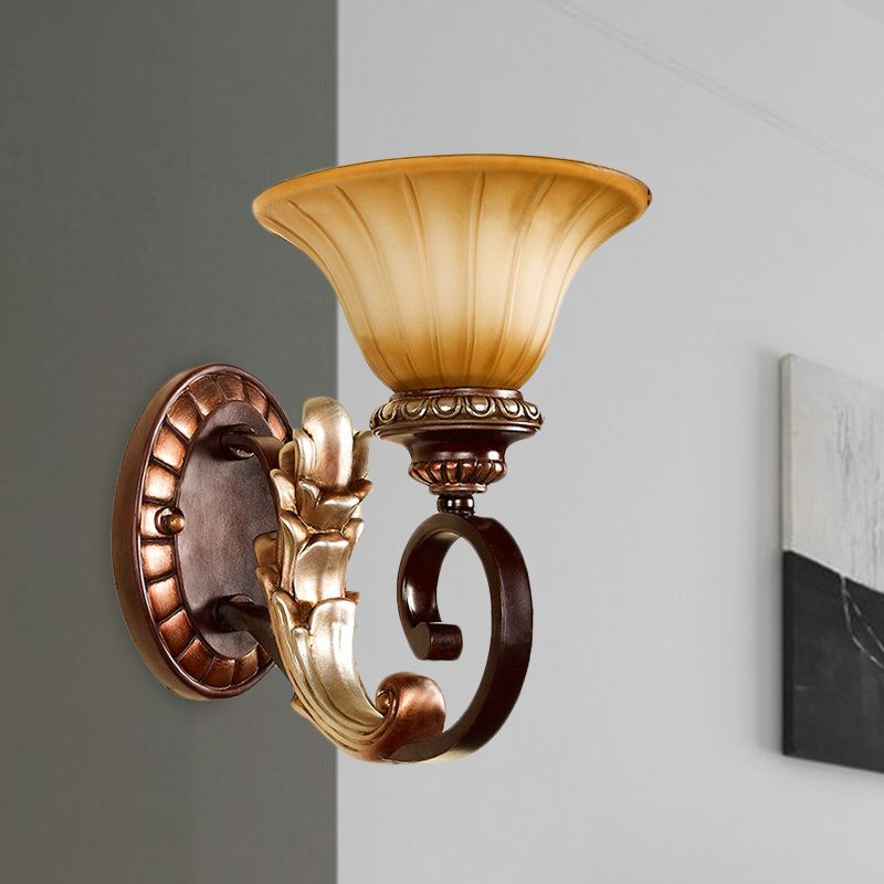 Flared Amber Glass Wall Sconce Traditional 1 Light Living Room Wall Light in Bronze with Curving Arm