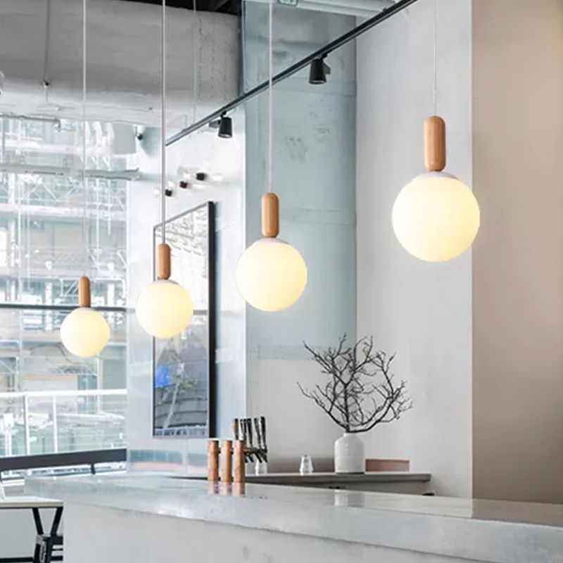 Sphere Kitchen Pendant Lighting White/Cognac Glass 1 Light Minimalist Hanging Lamp with Capsule Wood Grip