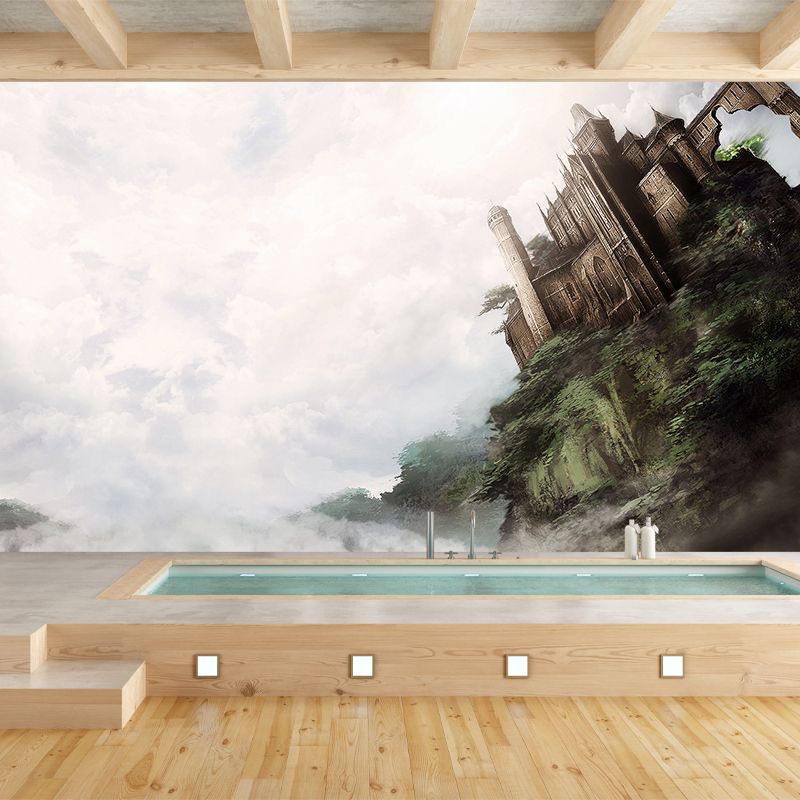 Non-Woven Huge Brown Mural Modern Cloudy Wonderland with Tilting Castle Wall Art, Custom Made