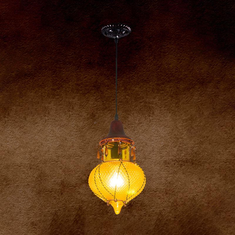 1 Light Pendant Lamp Moroccan Urn Shaped Red/Yellow/Blue Glass Hanging Light Kit for Coffee Shop
