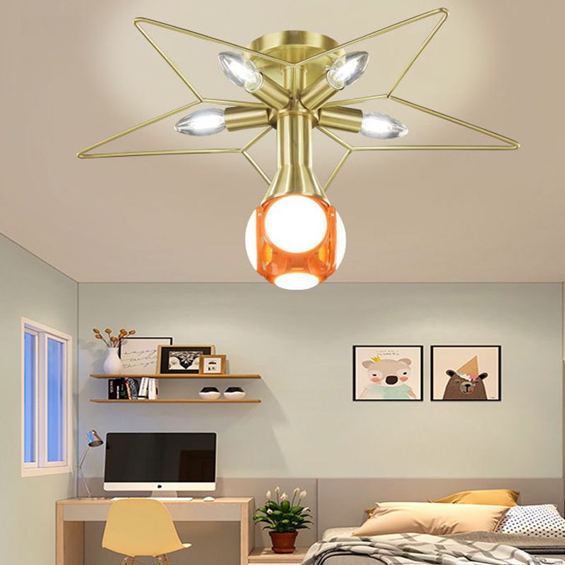 Modern 6 Bulbs Semi-Flush Mount Lighting with Metal Shade White/Red Star Ceiling Lamp for Bedroom