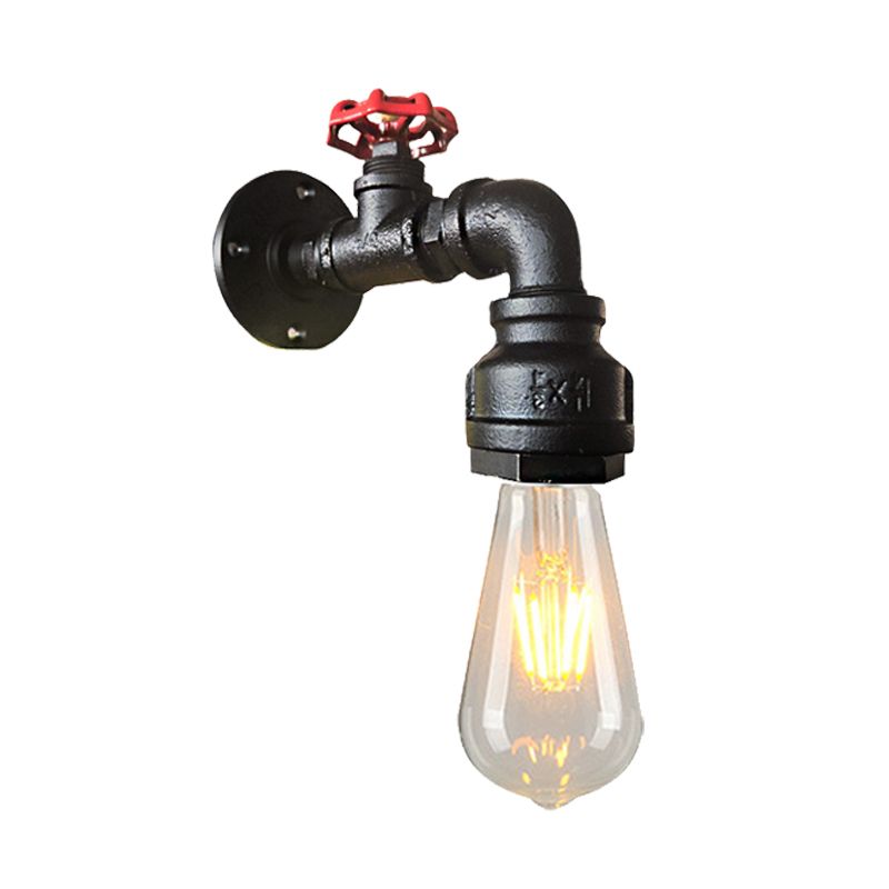 Water Pipe Balcony Sconce Lamp Fixture Industrial Iron 1-Light Silver/Black/Rust Wall Mount Lamp with Red Valve Deco