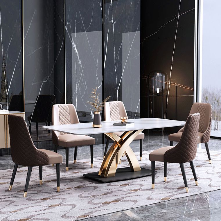 Contemporary Style Sintered Stone Dining Table with White Fixed Table and Gold Trestle Base