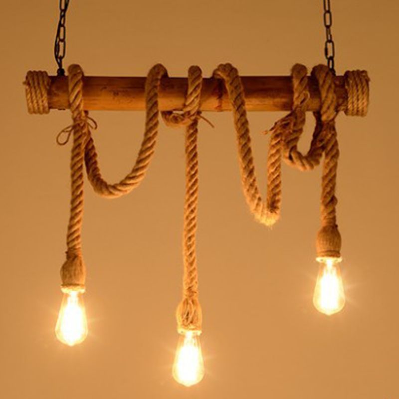 Country Style Hemp Rope Island Light Bamboo 3 Lights Bare Bulb Bar Decorative Island Pendant