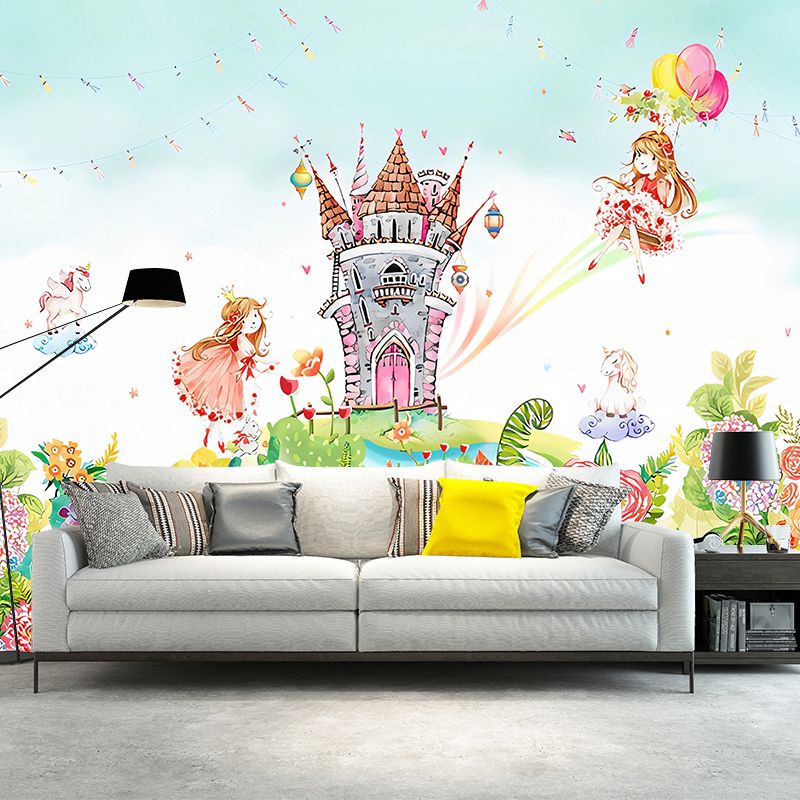 Enormous Illustration Contemporary Mural Wallpaper for Kids with Castle and Princess Pattern in Pink and Green