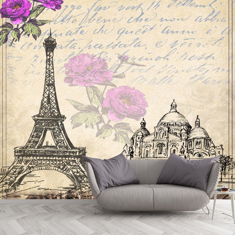 Retro Eiffel Tower Mural Wallpaper in Soft Brown Girl's Bedroom Wall Covering, Personalized Size Available