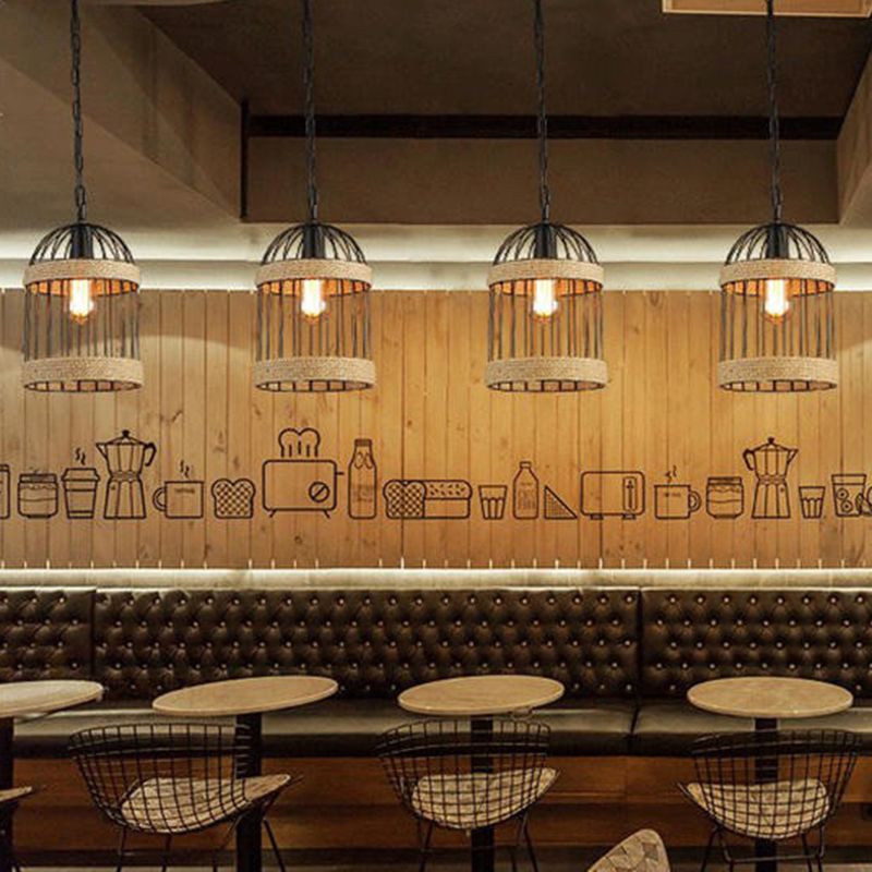 Rope Beige Pendant Light Kit Bird Cage Vintage Style Hanging Light Fixture for Restaurant