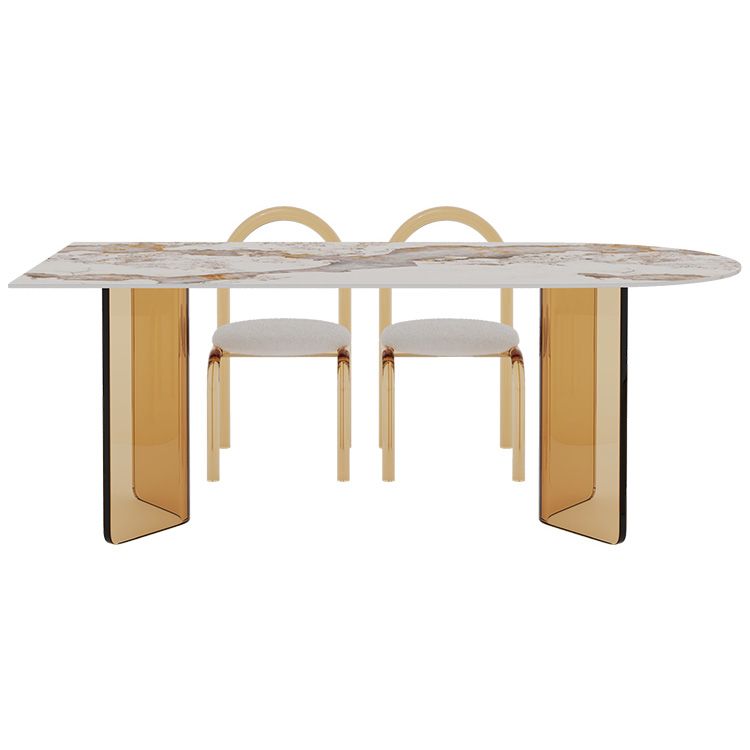 Glossy Beige Dinette Table with Double Pedestal Modern Dining Table for Home