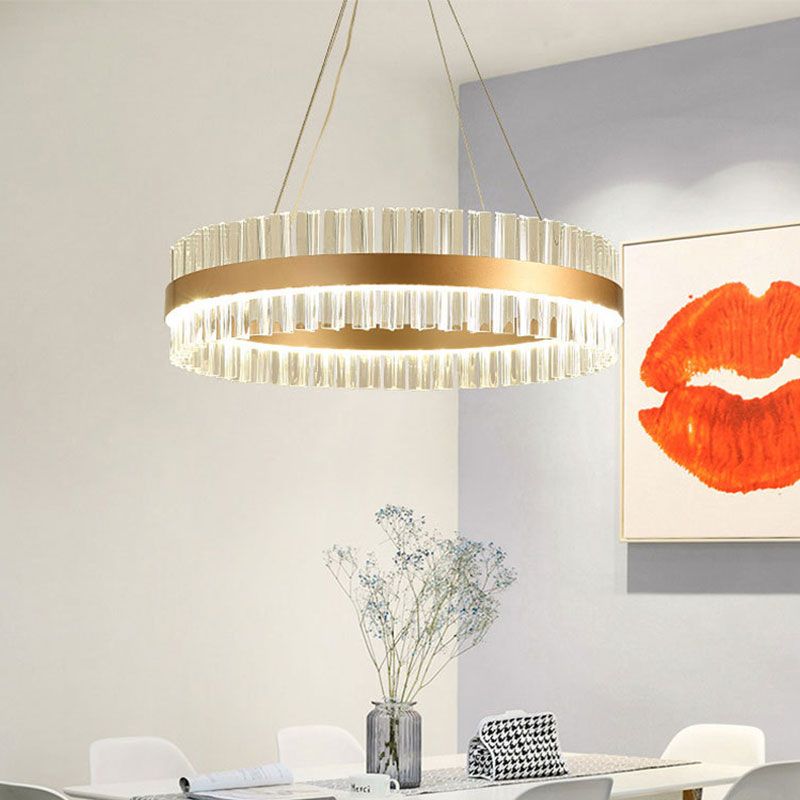 16"/24"/32" Wide Round Pendant Lighting Modern Clear Crystal 1 Light Gold Hanging Lamp in Warm/White Light for Dining Room