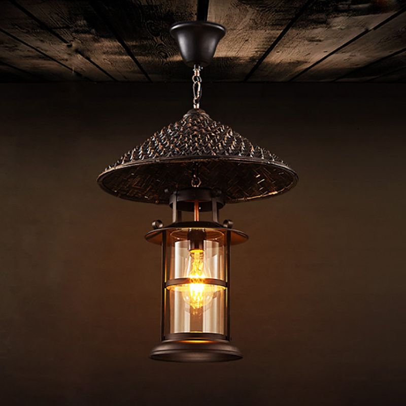 Straw Hat Metal Suspension Lighting Retro Single Restaurant Pendant Ceiling Light with Cylindrical Glass Shade