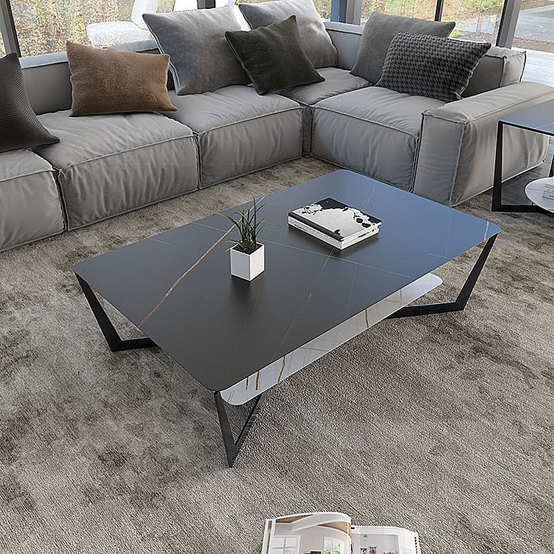 Cross Table Base Design Black Metal Base Slate Top Rectangular Coffee Table