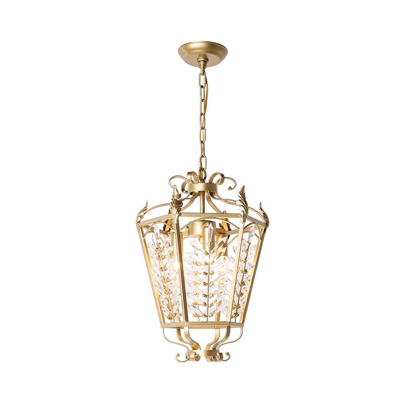 Gold Lantern Chandelier Light Traditional Metal 3 Lights Dining Room Hanging Ceiling Light with Crystal Accent