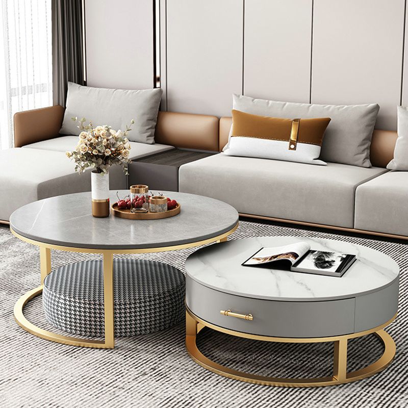Slate Top Coffee Table Set Round Frame Cocktail Table with Storage Drawers