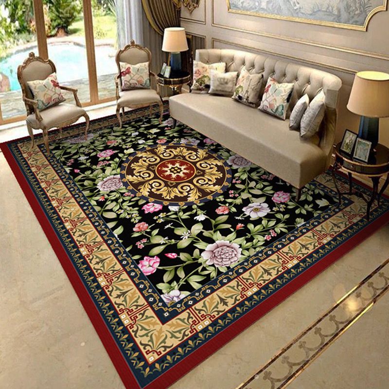 Dark Blue Modern Rug Polyester Flowers Indoor Rug Non-Slip Backing Rug for Living Room