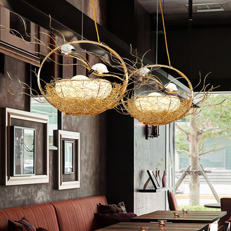 Artistry 3-Light Chandelier Pendant Golden Aluminum Basket Hanging Lamp with Birds and Matte White Glass Balls