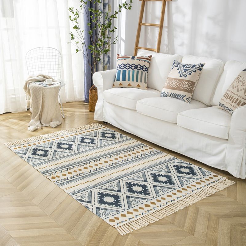 Mehrfarbiger, minimalistischer Teppich, Baumwolle, Tribal-Druck, Innenteppich, Fransenteppich für Wohnzimmer
