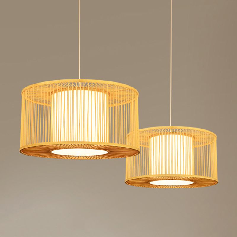 Hand-worked Drum Shaped Pendant Modern Wood 1-Light Restaurant Hanging Lighting