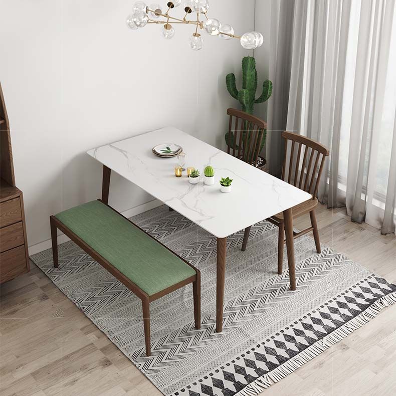 Solid Wood Frame Mid-Century Dining Table White Stone Top Table