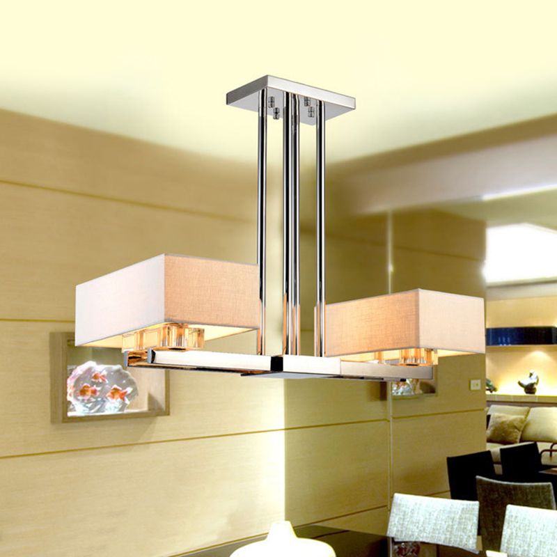 Fabric Chrome Hanging Pendant Light Rectangle 2/4/6 Bulbs Classic Island Lamp for Dining Room