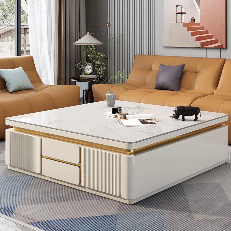 Wooden Block Cocktail Table with Drawers Glam Slate Top 4-Door Coffee Table