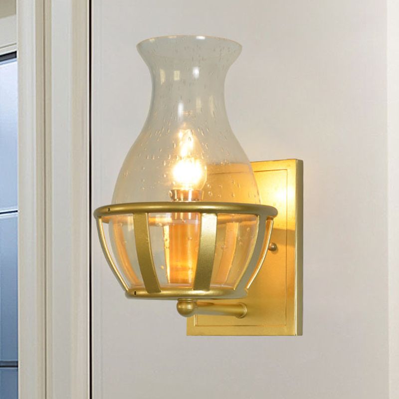 1 Light Vase Sconce Light Fixture Industrial Gold Seeded Glass Wall Lamp for Bathroom