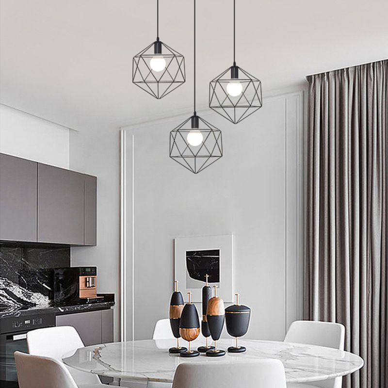 Black Metal 1 Light Pendant Light Nordic Retro Geometric Wire Cage Hanging Lamp for Restaurant