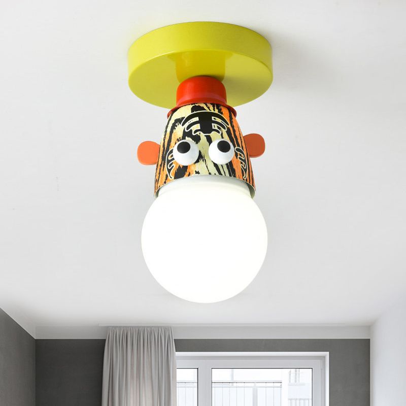 Single Bulb Bedroom Semi-Flush Mount Lighting Kids Yellow Ceiling Lamp with Giraffe / Monkey / Tiger Metal Shade