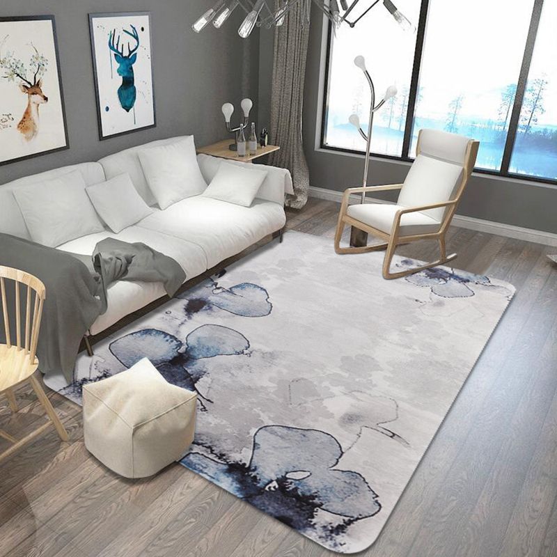 Stylish Leaf Pattern Rug Blue and Grey Oriental Rug Polyester Machine Washable Anti-Slip Carpet for Living Room