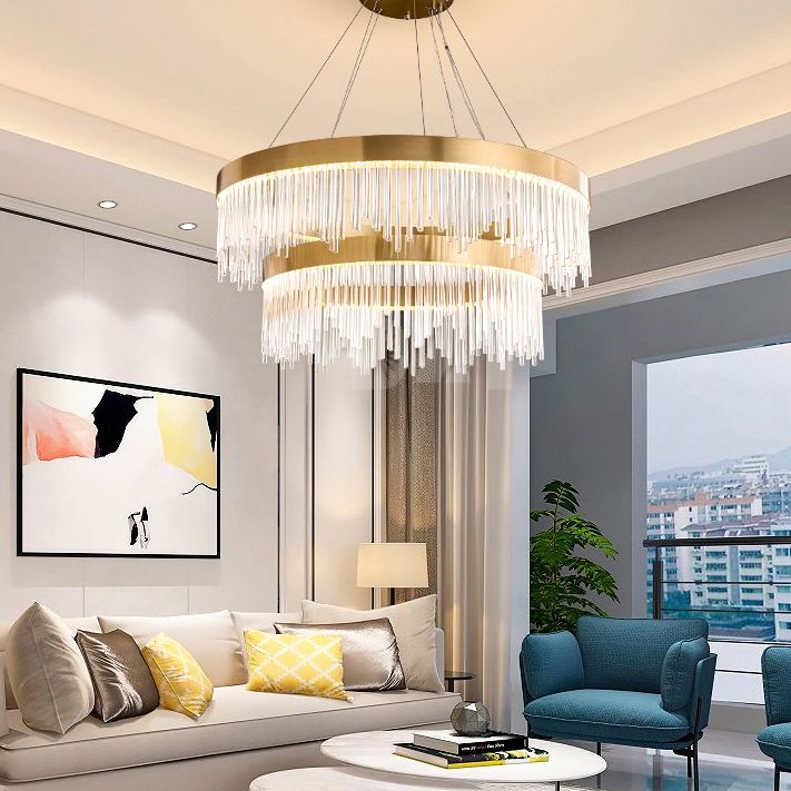 Modern Round Chandelier Glass Crystal Pendant Ceiling Lights with Adjustable Hanging Cord for Living Room