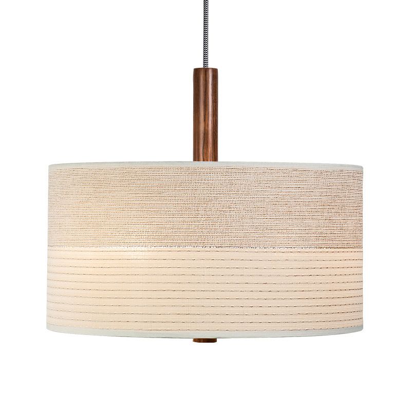 Modernism Drum Chandelier , Cotton And Linen Shade, Adjustable Chain with Wood Accents