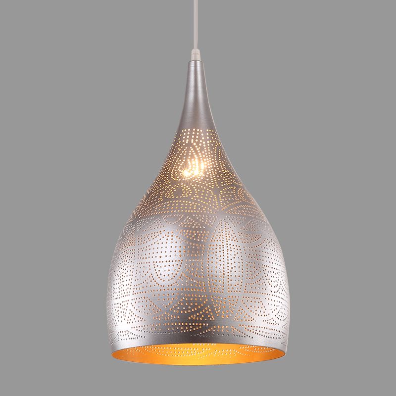 1 Light Teardrop Hanging Lighting Traditional Black/Silver/Brass Finish Metallic Ceiling Pendant Lamp