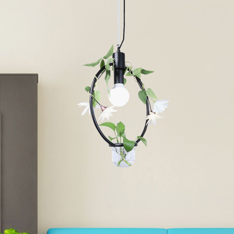 1 leichte Anhängerlampe Bauernhausdreieck/runde/quadratische Rahmen Metall Hanging Deckenlicht in Schwarz/Gold mit Pflanzentopf und falsche Blumenrebe