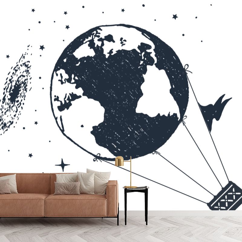Space Globe Balloon Mural Wallpaper Modern Style Smooth Wall Art in Black and White