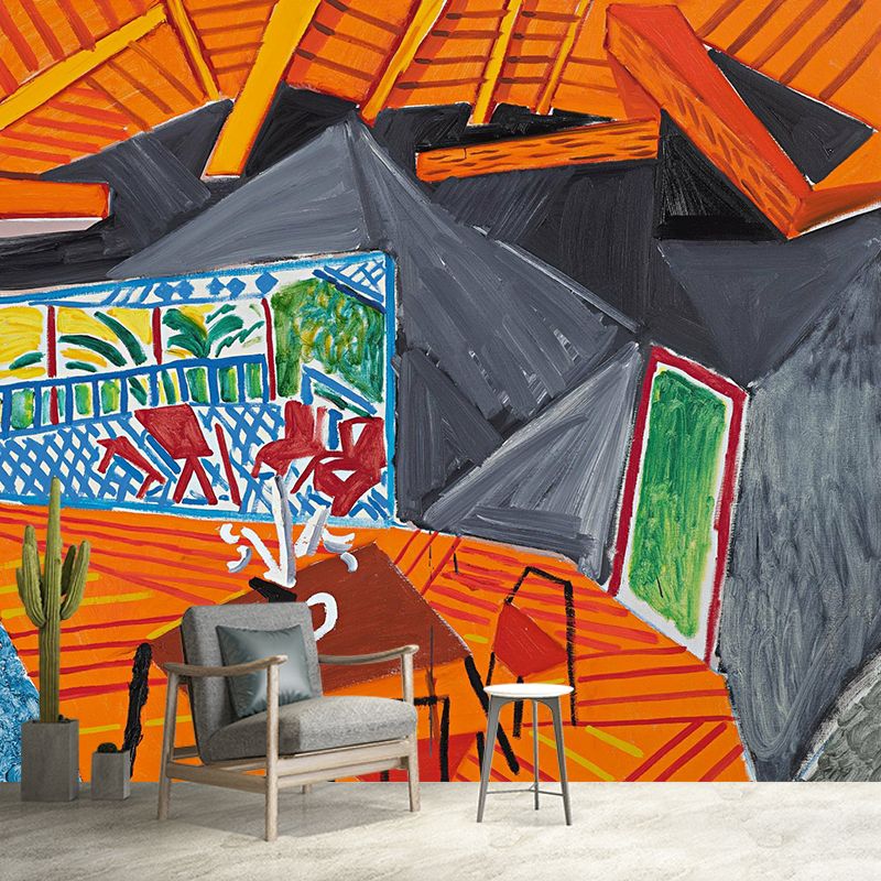 Grey-Orange Artistic Wallpaper Mural Whole Apartment Interior Drawing Wall Covering for Bedroom