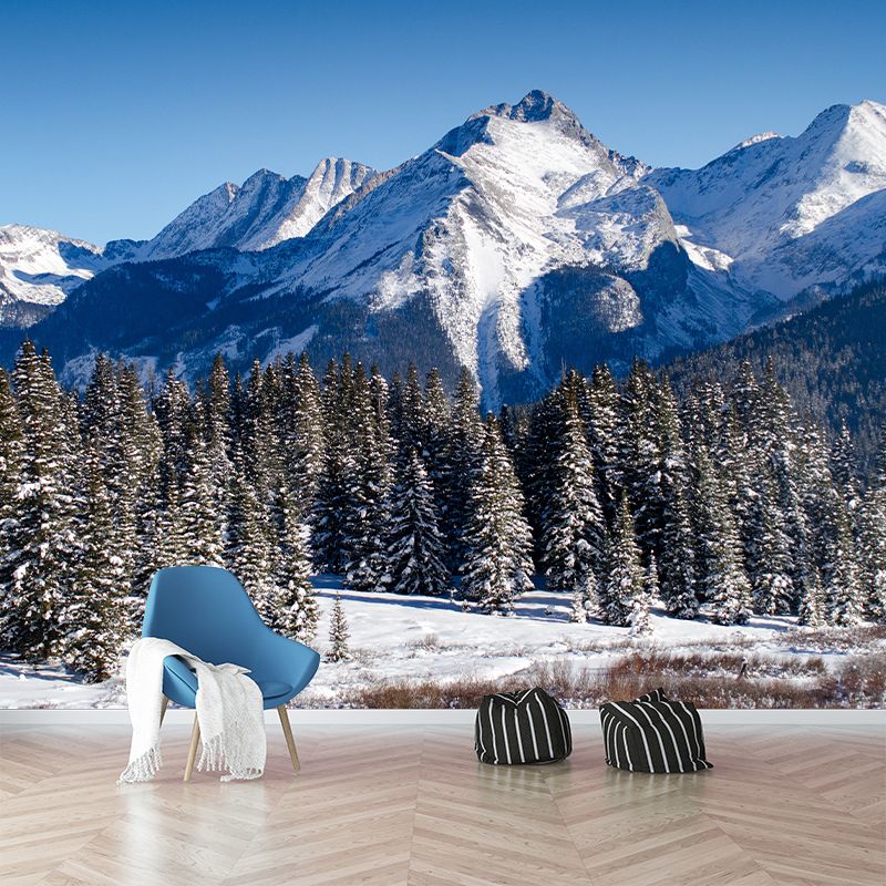 Winter Mountain Pine Trees Mural Modern Style Non-Woven Wall Decor in Blue-White