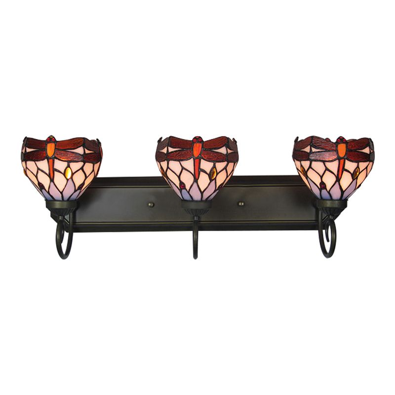 3 Lights Dragonfly Wall Lighting Stained Glass Lodge Vanity Light in Antique Brass for Bathroom