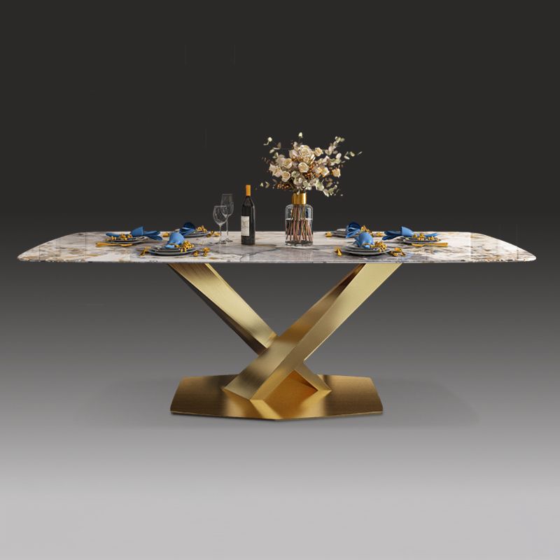 Minimalist Style Sintered Stone Dining Room Set with White Table and Gold Trestle Base for Home Use