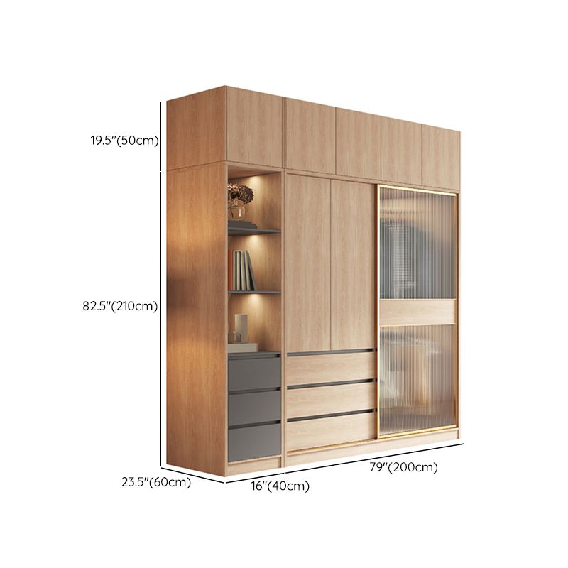 Contemporary Glass Sliding Doors Wardrobe Natural Wood Wardrobe with Drawers