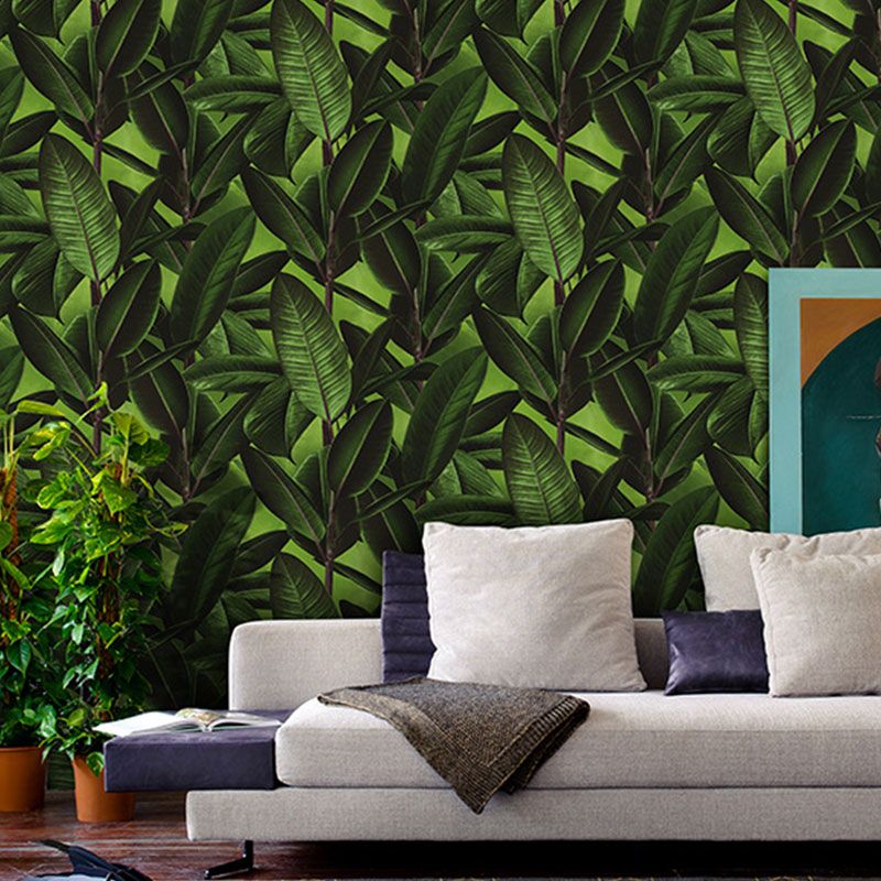 Contemporary Wallpaper Roll for Theme Restaurant Decor with Banana Leaves Design in Green