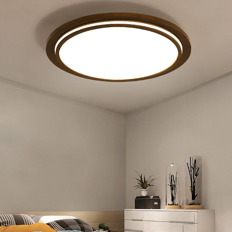 Simplicity Round Shaped LED Flush Mount Wood Bedroom Flushmount Ceiling Light in Brown