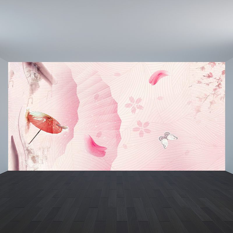 Modern Flowers Branch Mural Decal Pink Decorative Wall Covering for Girls Bedroom