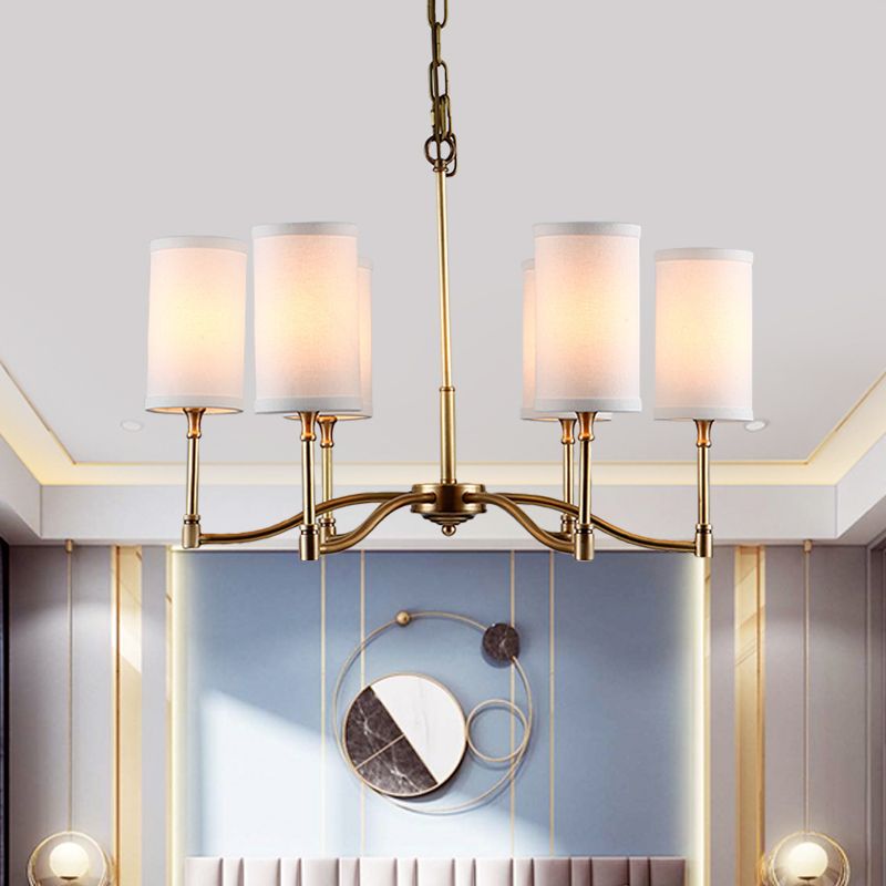 Gold Tubular Pendant Chandelier Colonial Style Fabric 6/9-Bulb Down Lighting with Twisted Arm for Living Room